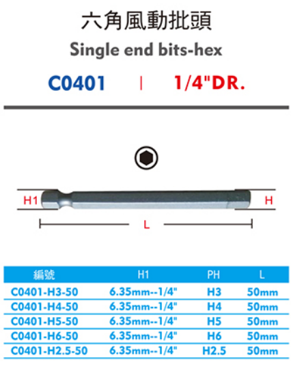 西瑪C0401 六角風動批頭 h2.5-50 h3-50 h4-50 h5-50 h6-50 1/4"DR. 西瑪電動工具 第1張 西瑪C0401 六角風動批頭 h2.5-50 h3-50 h4-50 h5-50 h6-50 1/4"DR. 西瑪電動工具 第1張