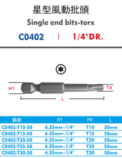 西瑪C0402 -T10-50 T15-50 T20-50 T25-50 T30-50星型風動批頭 6.35MM 1/4"DR 西瑪電動工具 第1張 西瑪C0402 -T10-50 T15-50 T20-50 T25-50 T30-50星型風動批頭 6.35MM 1/4"DR 西瑪電動工具 第1張